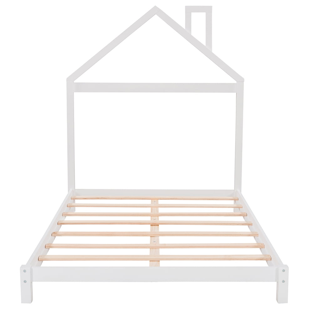 Kepooman Wood Platform Bed Frame with House-Shaped Headboard, Full Size, White Kepooman Wood Platform Bed Frame with House-Shaped Headboard, Full Size, White