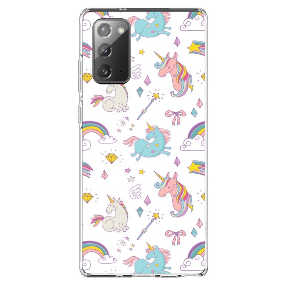DistinctInk Clear Shockproof Hybrid Case for Galaxy Note 20 ULTRA (6.9" Screen) - TPU Bumper, Acrylic Back, Tempered Glass Screen Protector - Unicorn Rainbow Wand Pattern - White