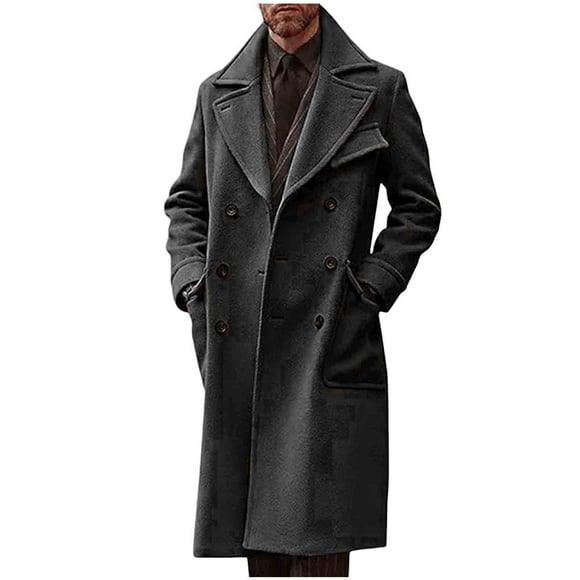 Lovzfmll Men's Wool Blend Overcoat Double Breasted Notched Lapel with Pockets Black, XL