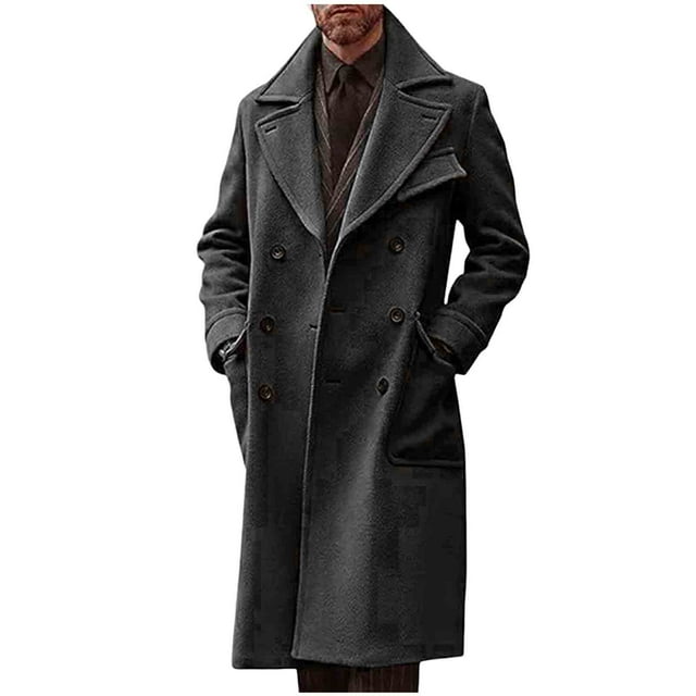 Lovzfmll Men's Wool Blend Overcoat Double Breasted Notched Lapel with Pockets Black, L