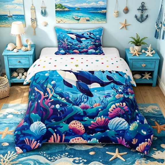 spefrowx Marine Orca Twin Comforter Sets for Kids Boys Girls, Blue Vibrant Coral Reef Bedding Set, Polka Dot Reversible, 2 Pieces, 1 Comforter and 1 Pillowcase