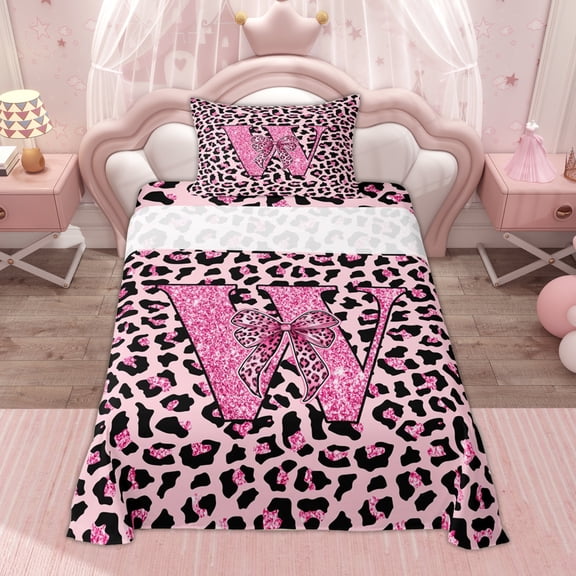 Erosebridal Bow W Letter Kid Twin Sheet Sets, Princess Pink Cheetah Print Bedding, 3-Piece