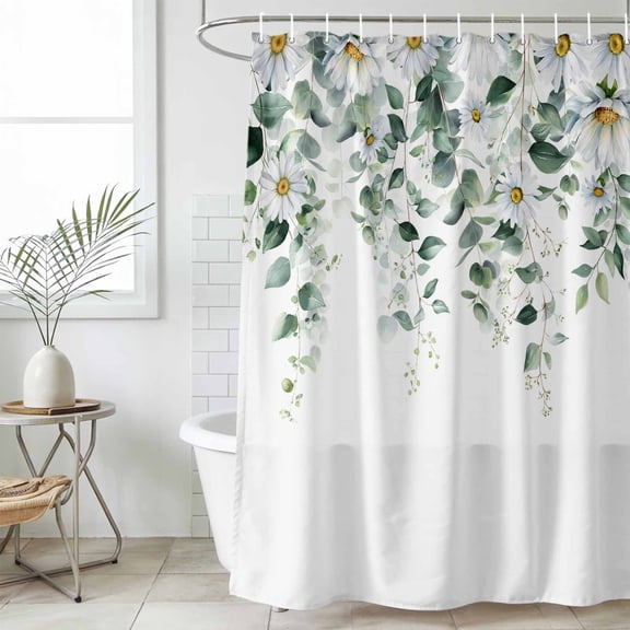 Spring Floral Waterproof Fabric Shower Curtain,Eucalyptus Leaves Watercolor Pastoral Waterproof Fabric Shower Curtain for Bathroom Curtains Bathtubs Shower Curtains with 12 Hooks Extra Long 72x96