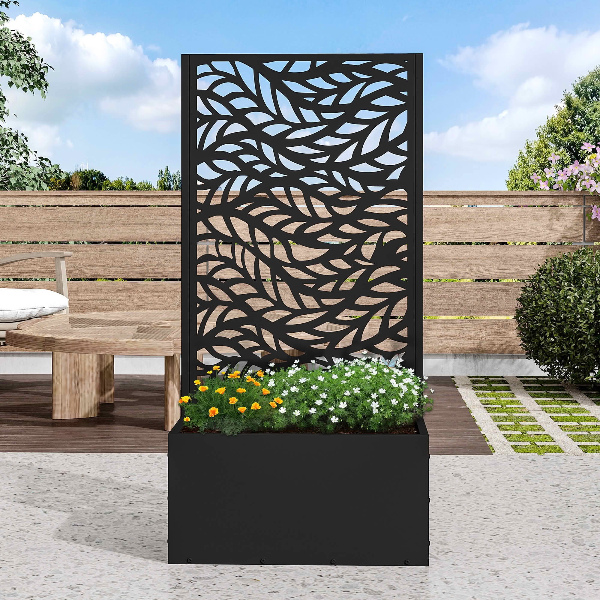MAYEERTY 47x24x12 Inch Black Metal Planter Box with Trellis for Outdoor Garden & Patio