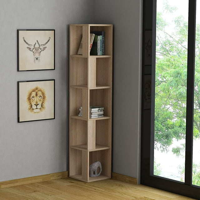 JV Home Piano Collection 64 Inch 5-Tier Corner Bookcase Stylish Bookshelf Shelving Storage for Living Room Kitchen Laundry Bedroom (Oak)
