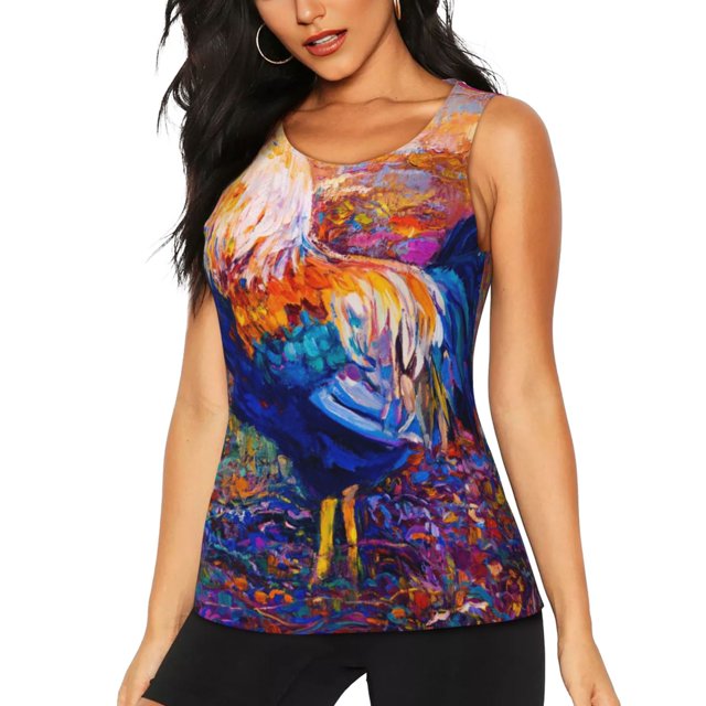 Fotbe Rooster Oil Painting Blusas Sin Mangas para Mujer – Estilo Casual, Corte Suelto, Slim-Fit, Cuello Redondo Deportivo, Tops de Verano para Gimnasio y Yoga-XX-Large