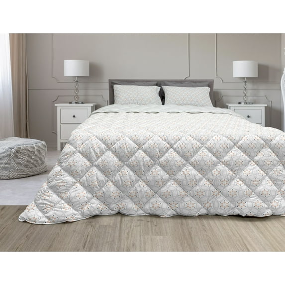 Geometric Comforter & Sham Bedding Set, Abstract Pastel Toned Pattern with Circles and Rounds Image, 3 pcs Duvet Set Microfiber Filling Quilt, 5 Sizes, Peach Dark Night Blue, by Ambesonne