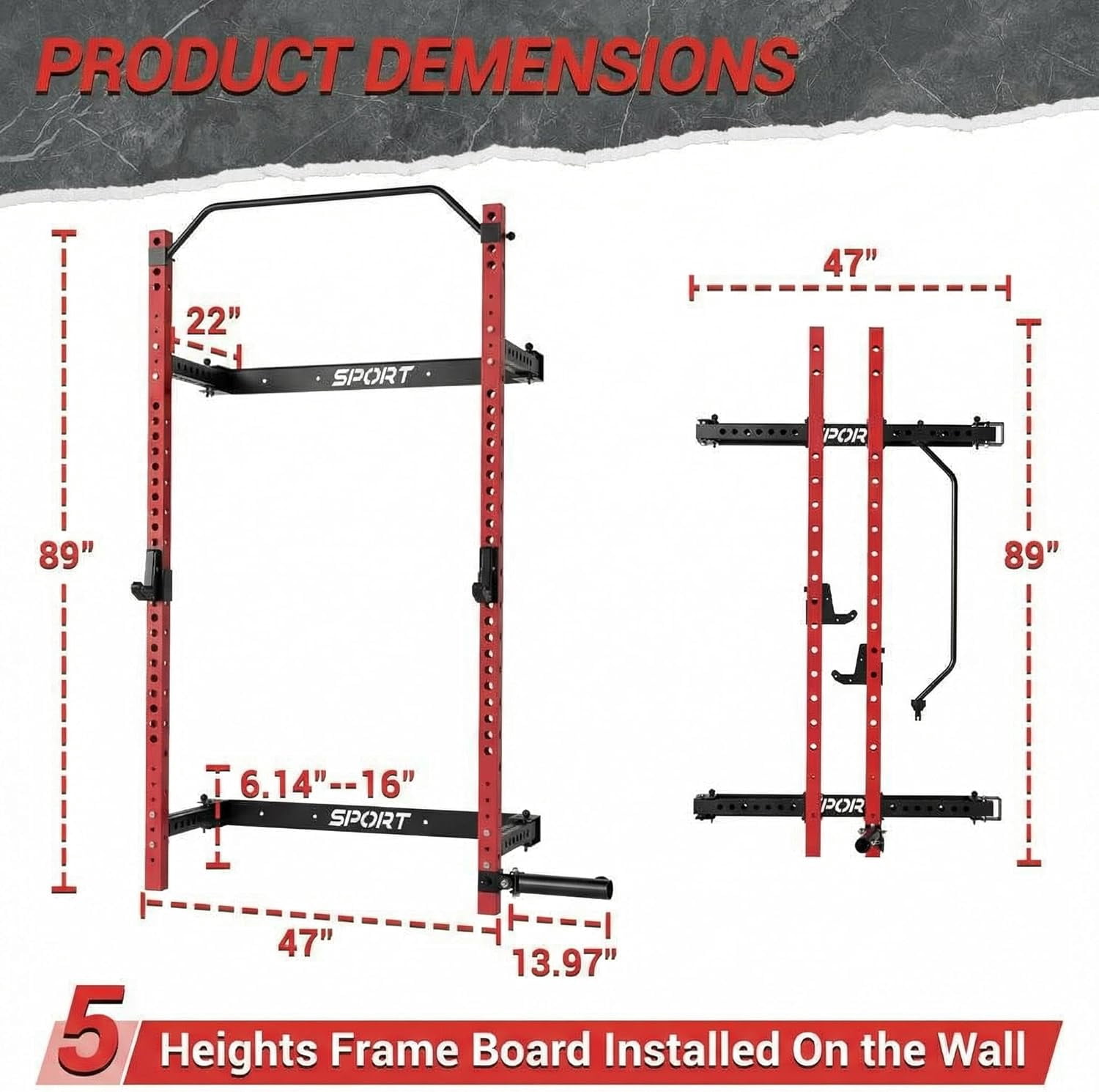 Folding Squat Rack for Home Gym, 1000 LBS Capacity Wall Mounted Squat Rack with Pull Up Bar, j Hooks, and 360° Landmine, 2.36" x 2.36" Foldable Squat Rack, Space-Saving Home Gym