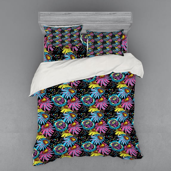 Flower Duvet Cover Set, Ornamental Composition of Blossoming Flower Sixties Style Colorful Cartoon Design, Bedding Set with Shams and Fitted Sheet, 3 Sizes, by Ambesonne