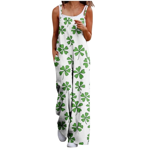 PWPSG Women's Spaghetti Strap Clover Pattern Print Overalls, Straight Loose Leg, Convenient Side Pockets for outdoor outings White XL