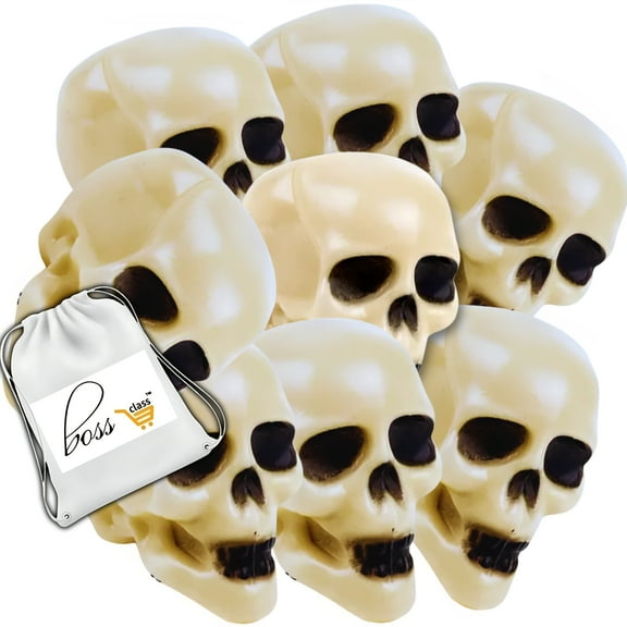 (8) Halloween Mini Plastic Human Skulls, 1.5in Spooky Head Skeleton Figurine Decor DIY Arts Home Craft Haunted House Office Table Centerpiece Ornament Creepy Display Party Props Decoration Supply