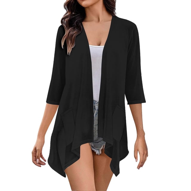 Hamky Womens Cardigan Plus Size Tops Lightweight Cardigans For Women 3/4 Sleeves Front Cardigan Boho Draped Ruffles Plus Size Knit Soft Cardigan Womens Shirts 3/4 Sleeve Tops White XL