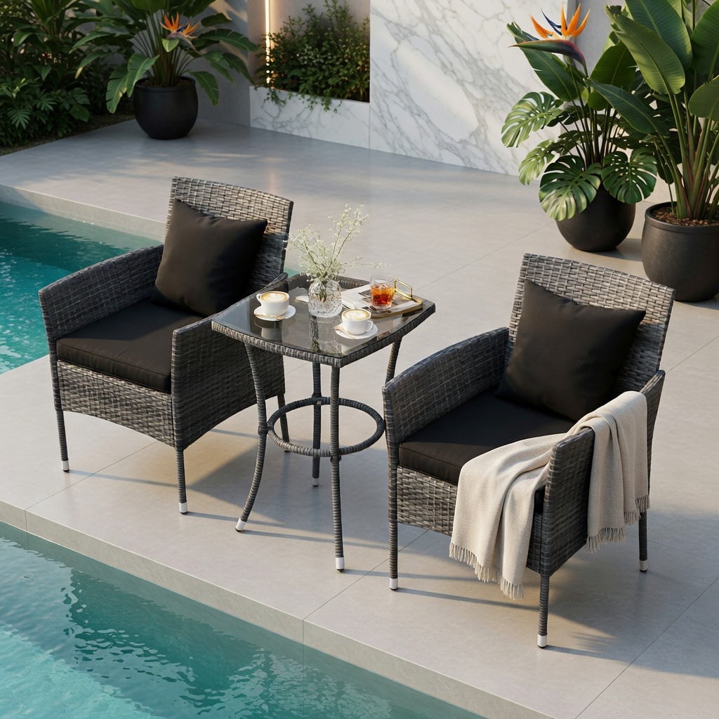 Hommoo 3-Piece Outdoor Patio Furniture Set, PE Rattan Chairs with Cushions & Tempered Glass Coffee Table for Porch, Garden, Backyard, Gray
