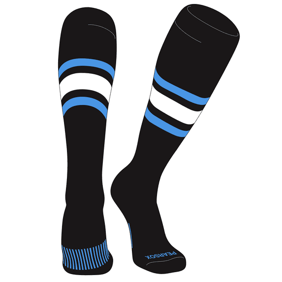 PEAR SOX Striped OTC Baseball, Softball, Football Socks (B) Black, Sky Blue, White (XS)