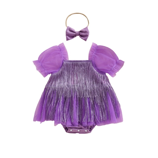 Gupgi Barboteuse à Franges pour Bébé Fille Robe à Manches Courtes avec Bandeau et Franges à Sequins