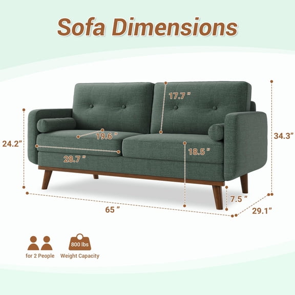 EcoSummer 65 in Loveseat Sofa, Mid Century Modern Couch Comfy Love Seat Couches for Living Room, 2 Seater Deep Seat Couch Linen Upholstered Couches for Bedroom Office Small Space, Green