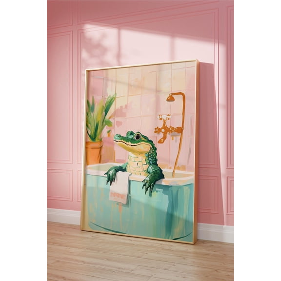 Alligator In Bathtub Art, Trendy Pastel Bathroom Print UNFRAMED Poster, Wall Art for Decor, Present, 8x12