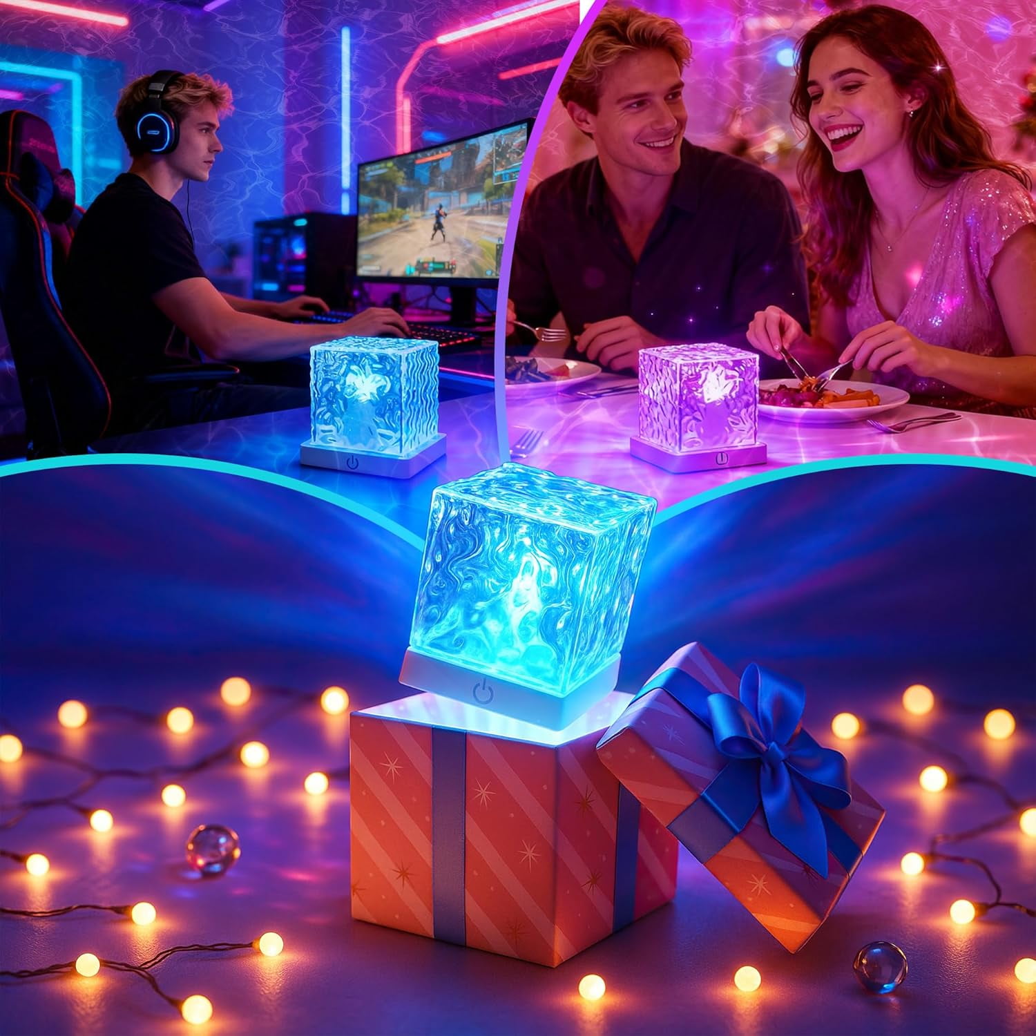 Dynamic Rotating Water Ripple Projector Night Light - Rechargeable 16-Color Changing Ocean Wave Lamp, Waterproof Shower Light with Remote Control & Dimmable Modes for Bathroom & Bedroom