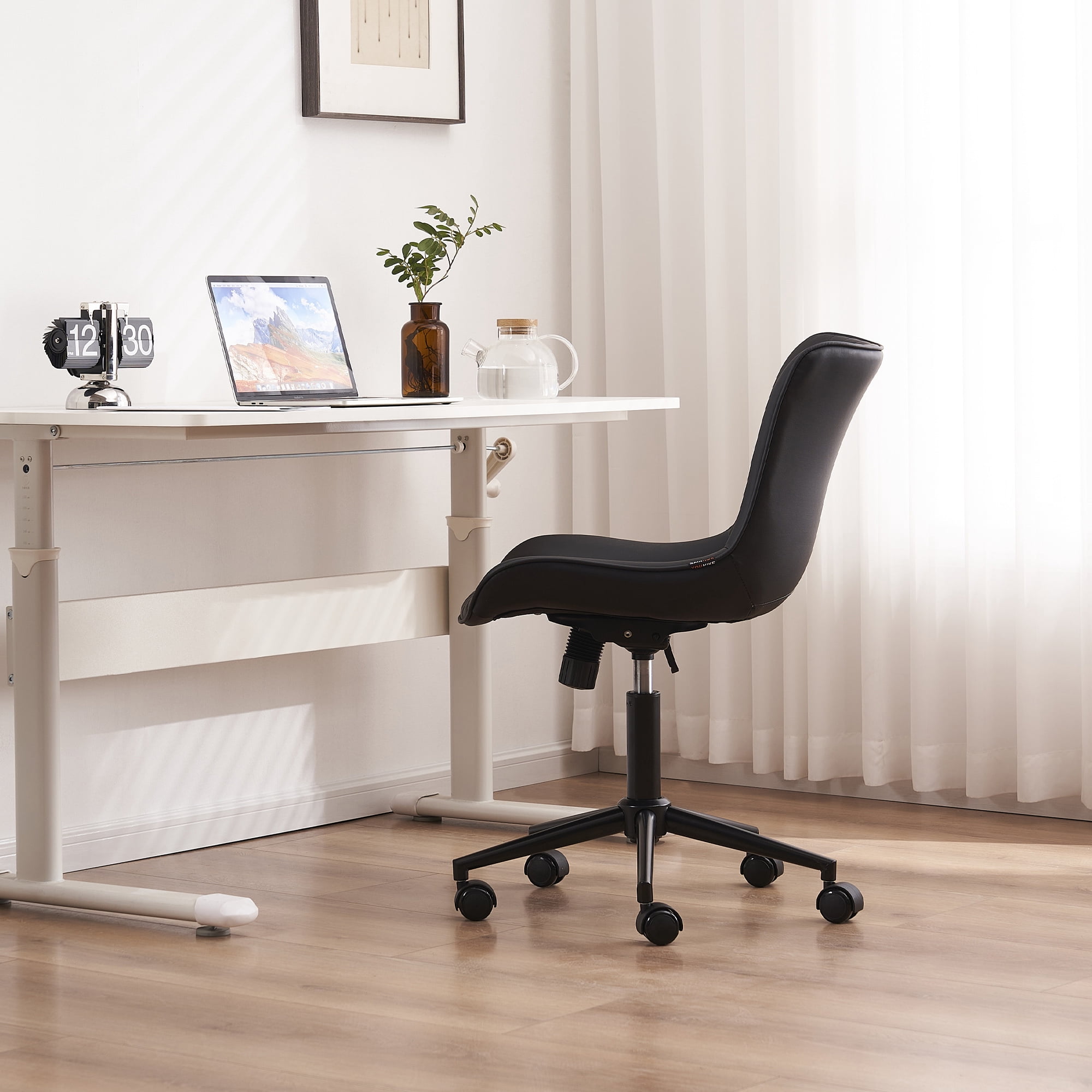 YOUNIKE Modern Office Chair with Wheels Adjustable Ergonomic Desk Task Chair in Mid-Back Black PU Design