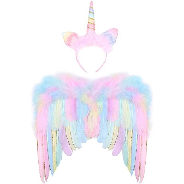 Ala de Unicornio para Niñas Alas de Ángel Rosadas Alas de Plumas con Diadema de Unicornio Alas de Unicornio de Princesa Accesorios de Disfraces para Niñas Halloween Carnaval Cosplay Favor de Fiesta ER