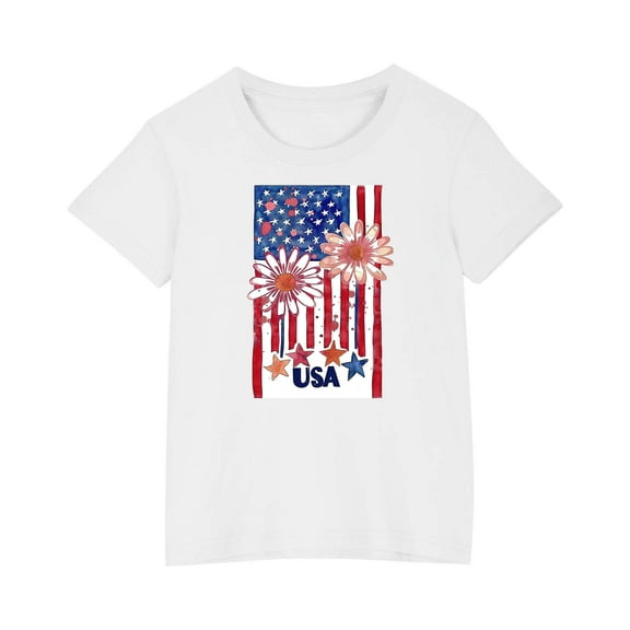 Kids Girls Casual Patriotic Tshirts Boys Cotton Tee Shirts Girls 4th of July American Flag Graphic Tees Boys Clothes White, 3 Years
