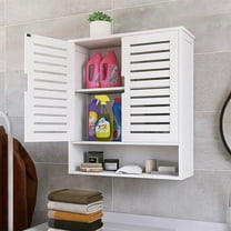 LUVODI 23.2x8x26.1 inch White Bathroom Cabinet Wall Mounted Bamboo Over-The-Toilet Storage Organizer with 2 Door and Adjustable Shelves