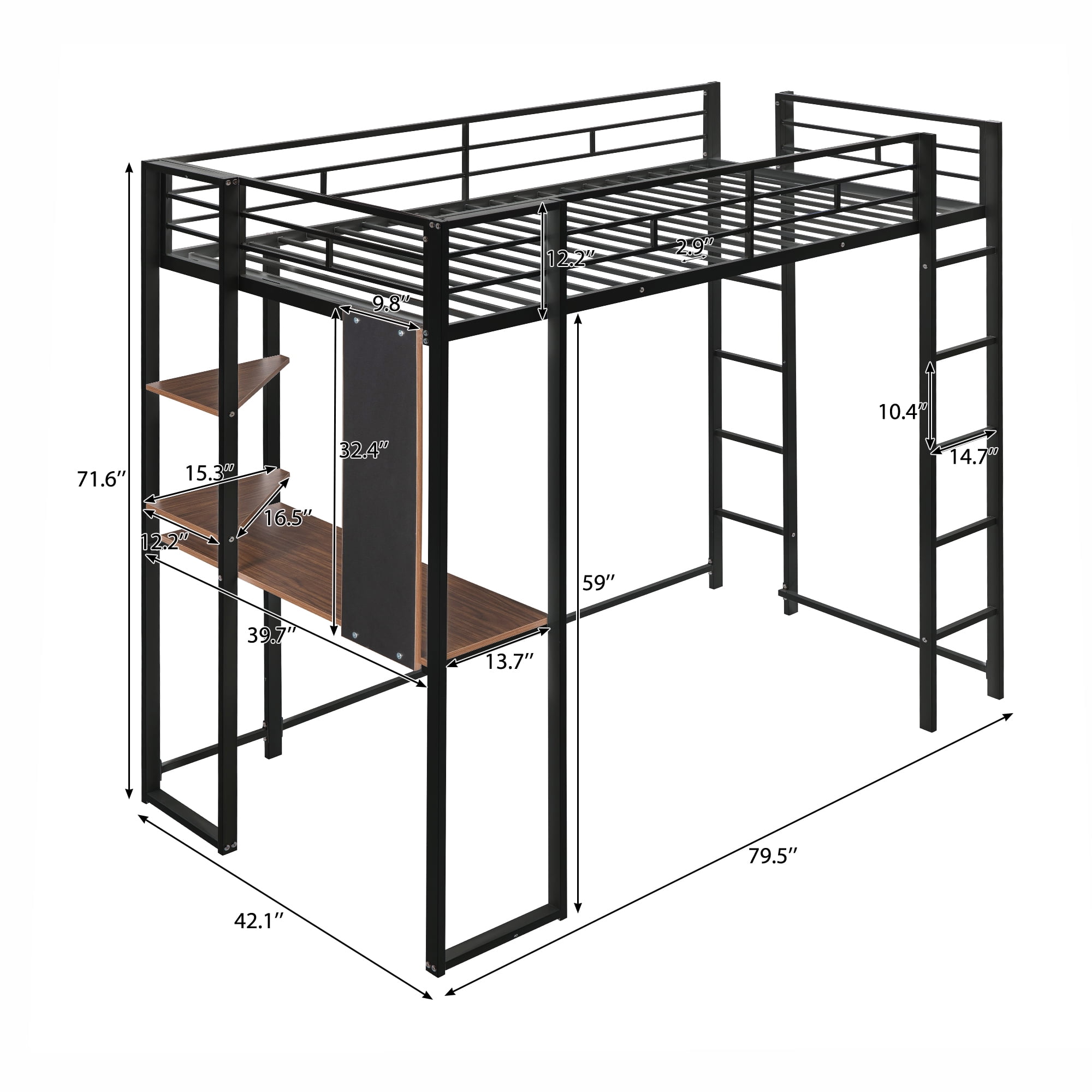 Gewnee Metal Twin Size Loft Bed with Desk, Two Shelves and Built-in 2 Ladders for Kids Teens,Black