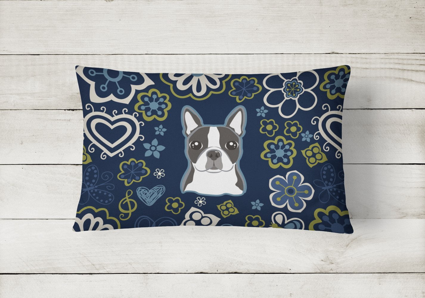 Carolines Treasures BB5054PW1216 Blue Flowers Boston Terrier Canvas Fabric Decorative Pillow