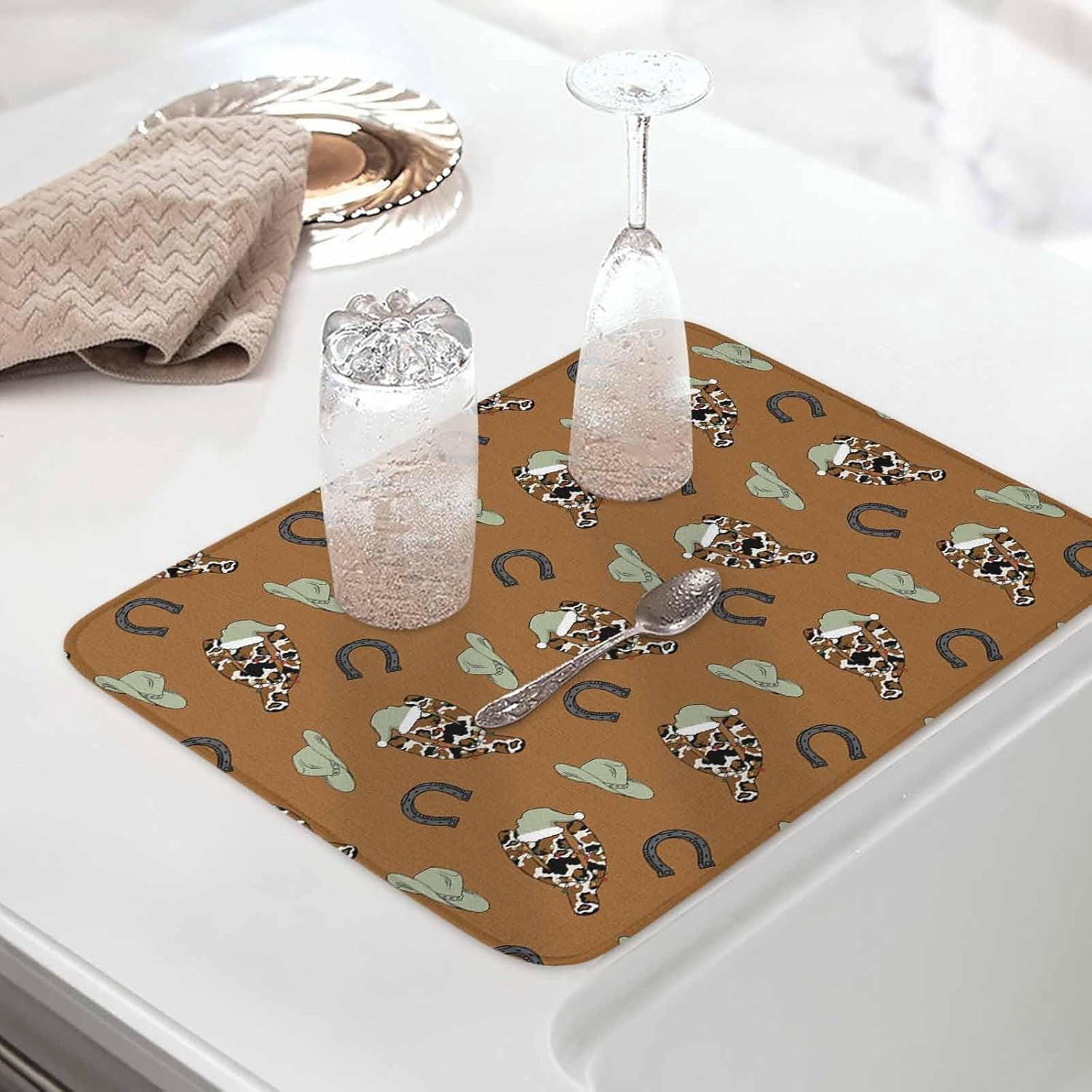 Cowboy Christmas Dish Drying Mat for Kitchen Counter, Western Brown Cactus Xmas Sage Green Baby Bottle Microfiber Drying Pad, Absorbent Coffee Cup Dishes Drainer Mats 16"x18", 2 Pcs