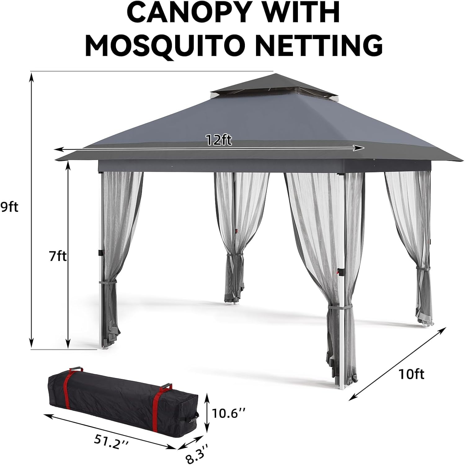 Senfot 12x12 FT Outdoor Folding Gazebo Canopy Tent with Mosquito Net Waterproof Windproof UV Resistant for Camping Party Yard Gray
