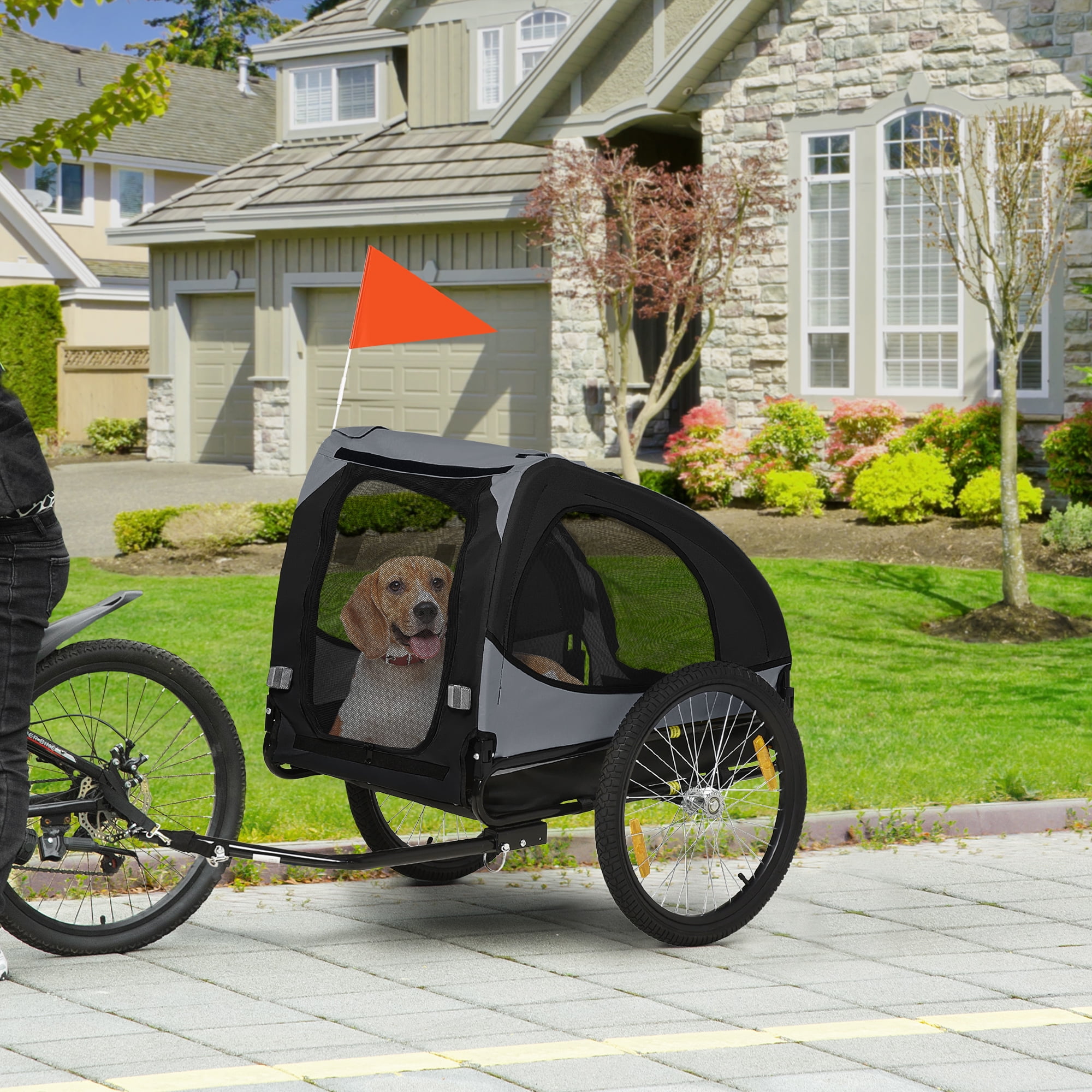 Dog Bike Trailer, Pet Bike Wagon with Steel Frame, Hitch Coupler, Quick Release Wheels, Reflectors, Flag, Pet Travel Carrier for Medium Dogs, Black