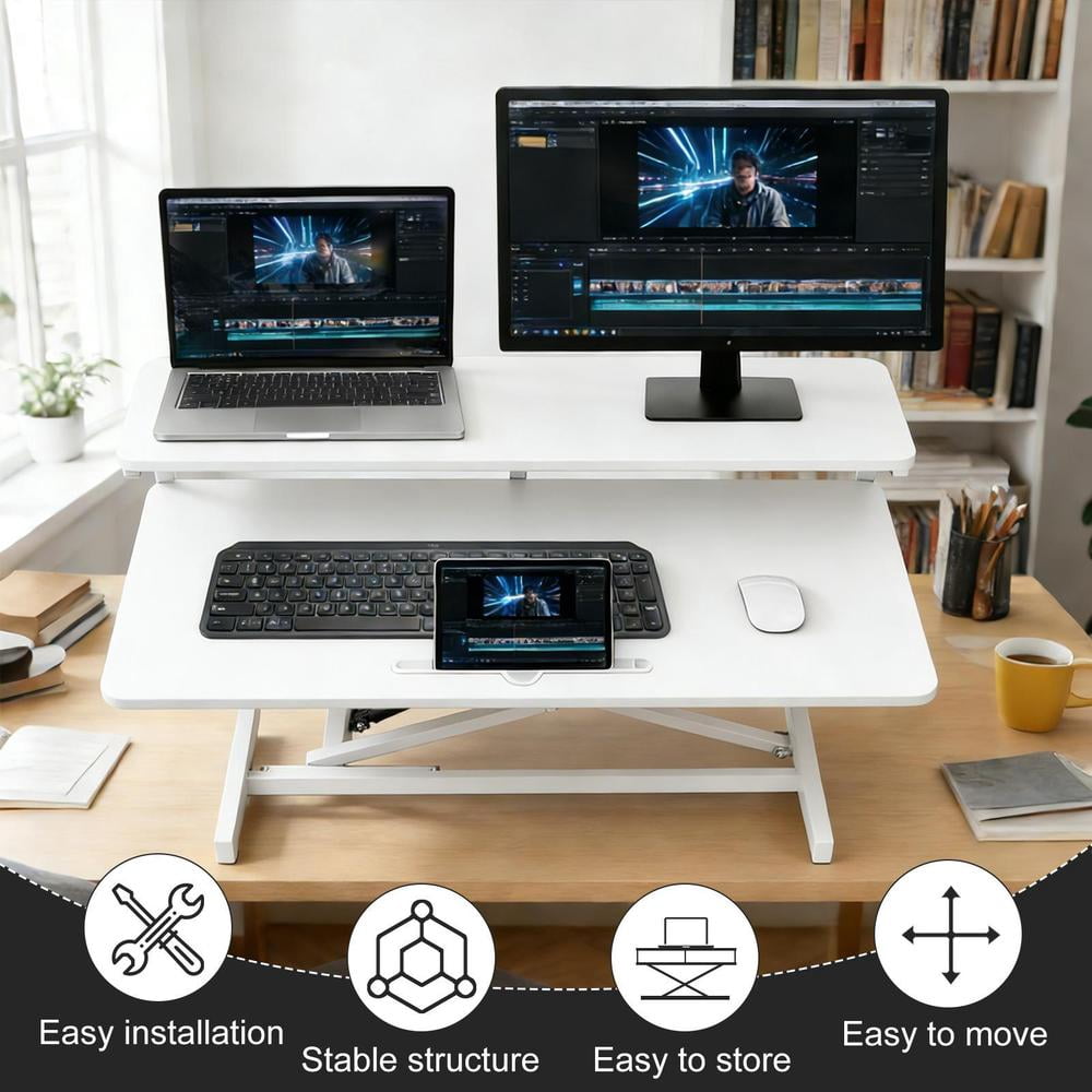 Height Adjustable 37 inch Stand Up Desk Converter, Quick Sit to Stand Tabletop Duals Monitor Riser Workstation, Black