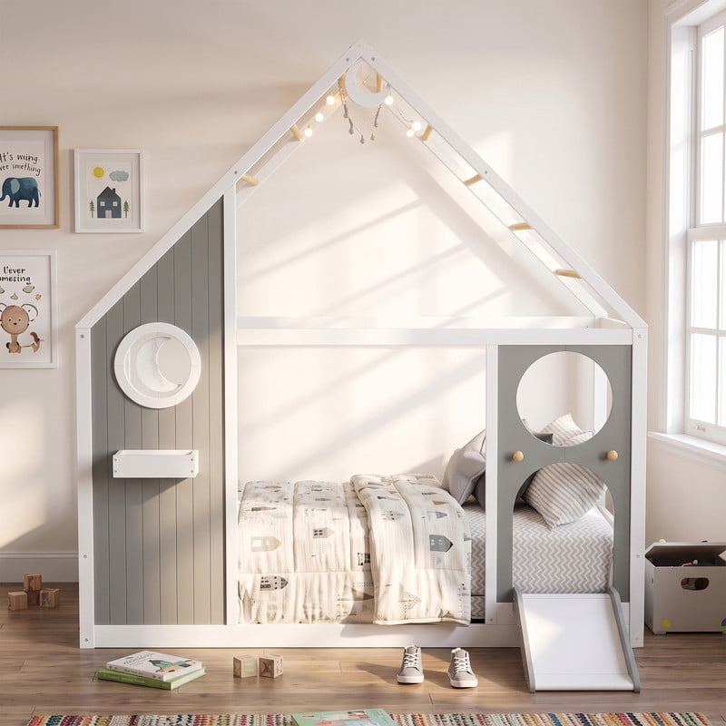 Twin Size Kids House Bed with Small Slide, Wooden Playhouse Floor Design Platform Bed Frame with Light Strip & Storage Shelf