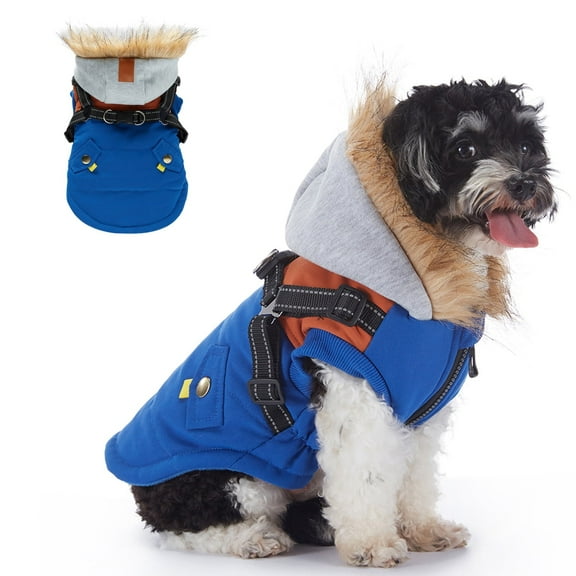 Small Dog Harness Jacket Hooded,Pet Coat Cold Weather Warm Vest Jacket with Harness,Dog Waterproof Windproof Cotton Costume for Puppy Small Medium Dogs Blue Brown L