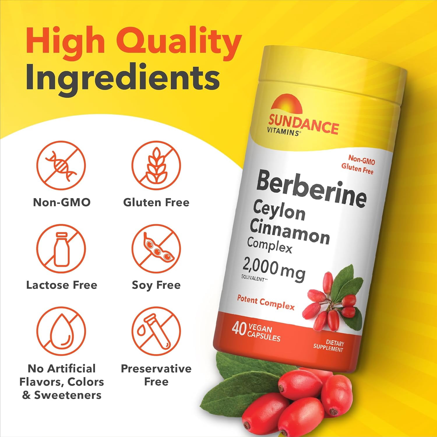 Sundance Berberine with Ceylon Cinnamon, 2000mg, 40 Vegetarian