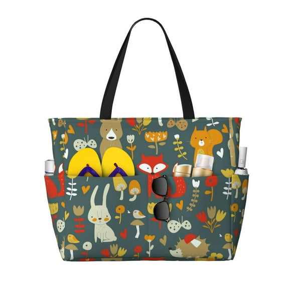 Yiaed Cute Animal Forest Print Large Capacity Beach Travel Bag - Waterproof Zipper Vacation Tote for Sandproof Storage, and Camping