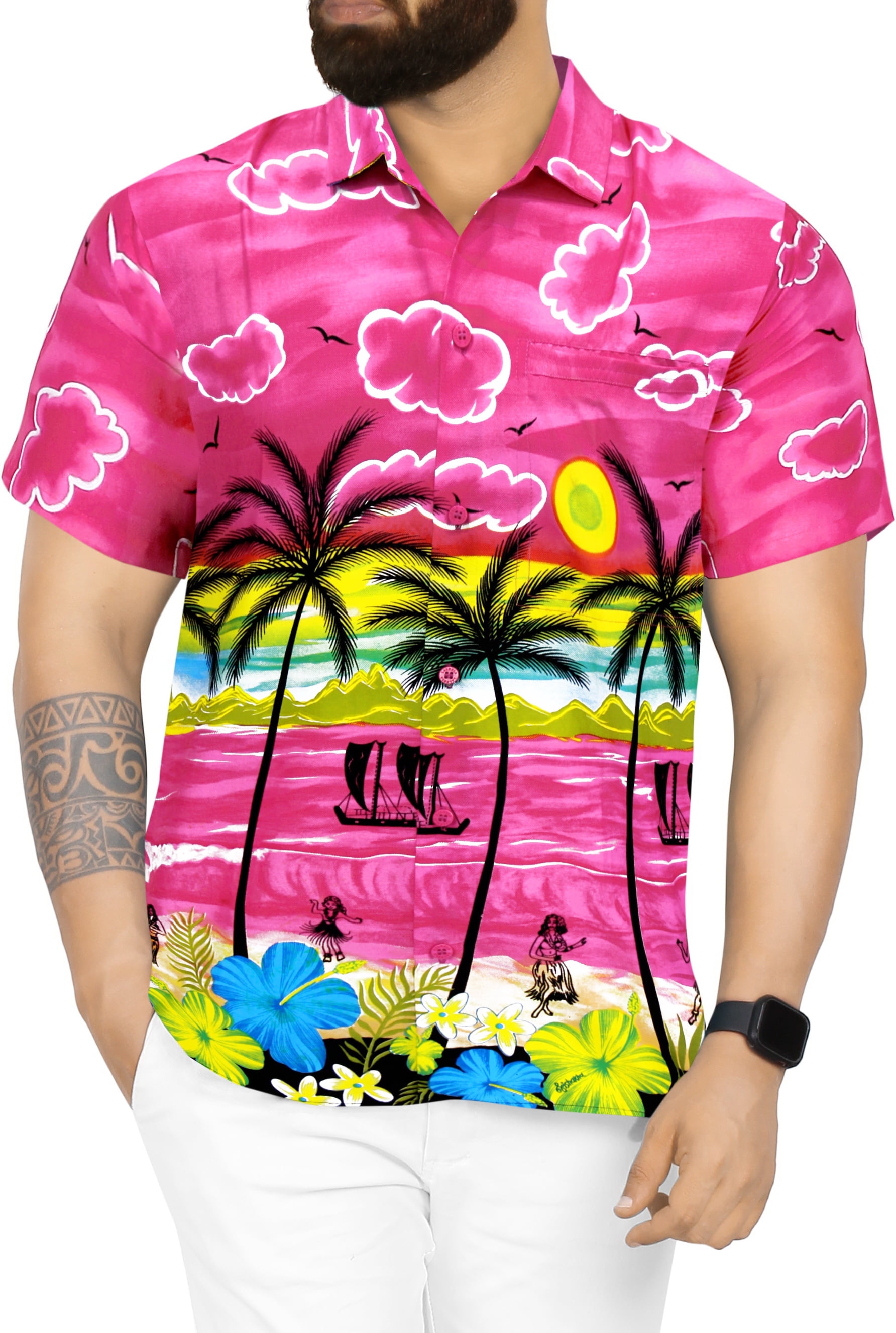 LA LEELA Mens Night Club Party Dress Short Sleeve Hawaiian Shirt