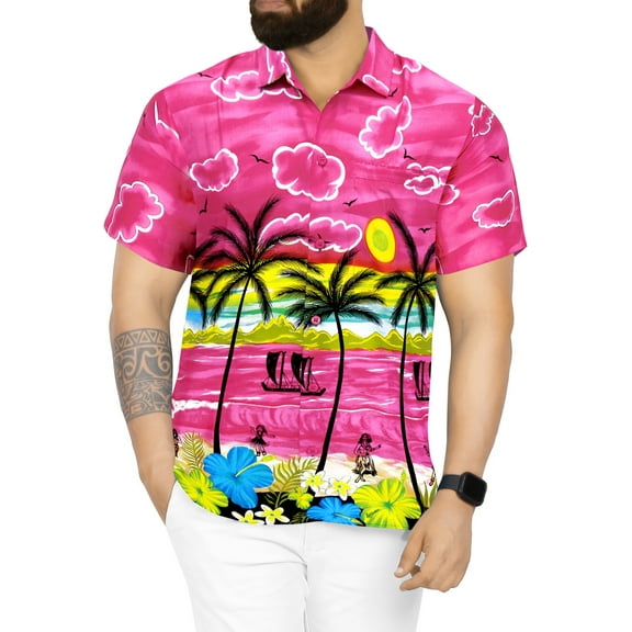 HAPPY BAY Men's Hawaiian Shirts Short Sleeve Button Down Shirt Men's Tropical Shirts Casual Holiday Summer Party Caribbean Shirts for Men Funny 6XL Seashore Palm, Autumn Pink