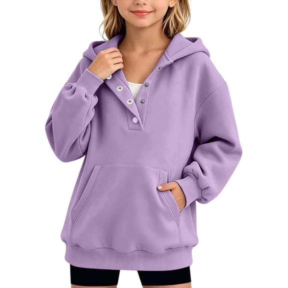 RYRJJ Girls Boys Snap Button Hooded Sweatshirt Long Sleeve Kangaroo Pocket Oversized Hoodies Loose Kids Casual Pullover Tops