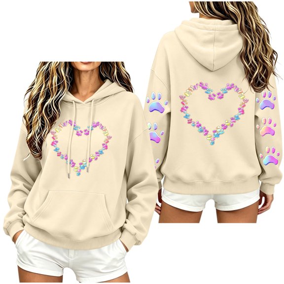 Staron Women's Hoodie Hooded Long Sleeve Graphic Hearts Casual Crewneck Sweatshirt Loose Cute Pullover Hoodies Tops Beige M