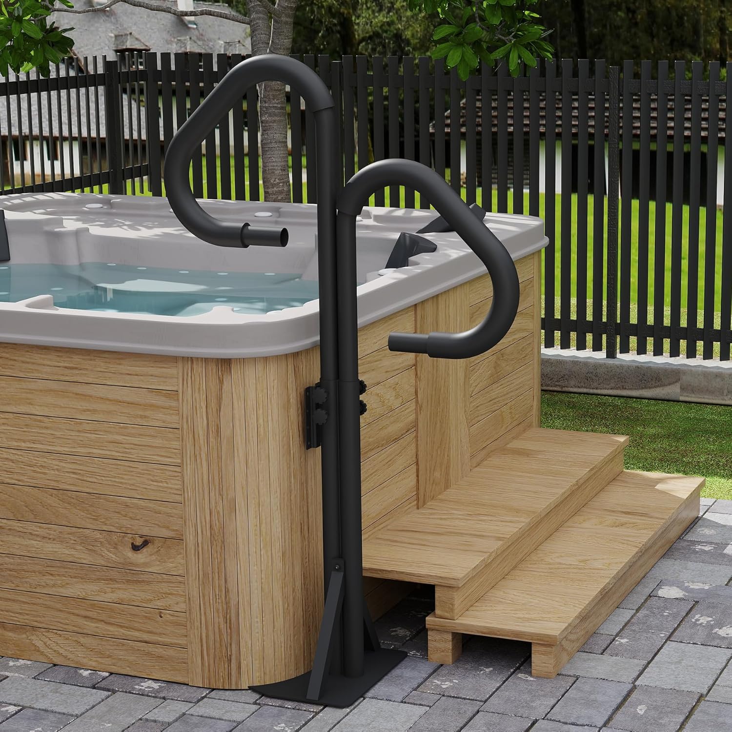 Domi Outdoor Living Two-Way Adjustable Hot Tub Handrail, 44”-60” Aluminum Spa Rail with 360° Swivel, Safety Side Handle with Slide-Under Base, Fits Most Spas, 600 lbs Capacity