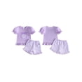 thumbnail image 2 of BemeyourBBs Toddler Baby Girls Summer Clothes Infant Baby Girl Summer Beach Holiday Outfit Cute Seashell Embroidery Puff Short Sleeve T Shirt Tops with Ruffled Plaid Shorts 2Pcs Set, 2 of 9