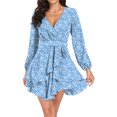 thumbnail image 4 of Aiyino Women's Dress Deep V-Neck Long Sleeve Waist Tie Ruffle Mini Swing Skater Dresses,Floral Blue, 4 of 7