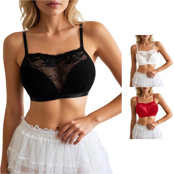 PMVFHDE Lace Bandeau Bra Top Removable Straps Backless Vest Outerwear Comfort Daily Casual T-Shirt Matching Underwire Free Black - L