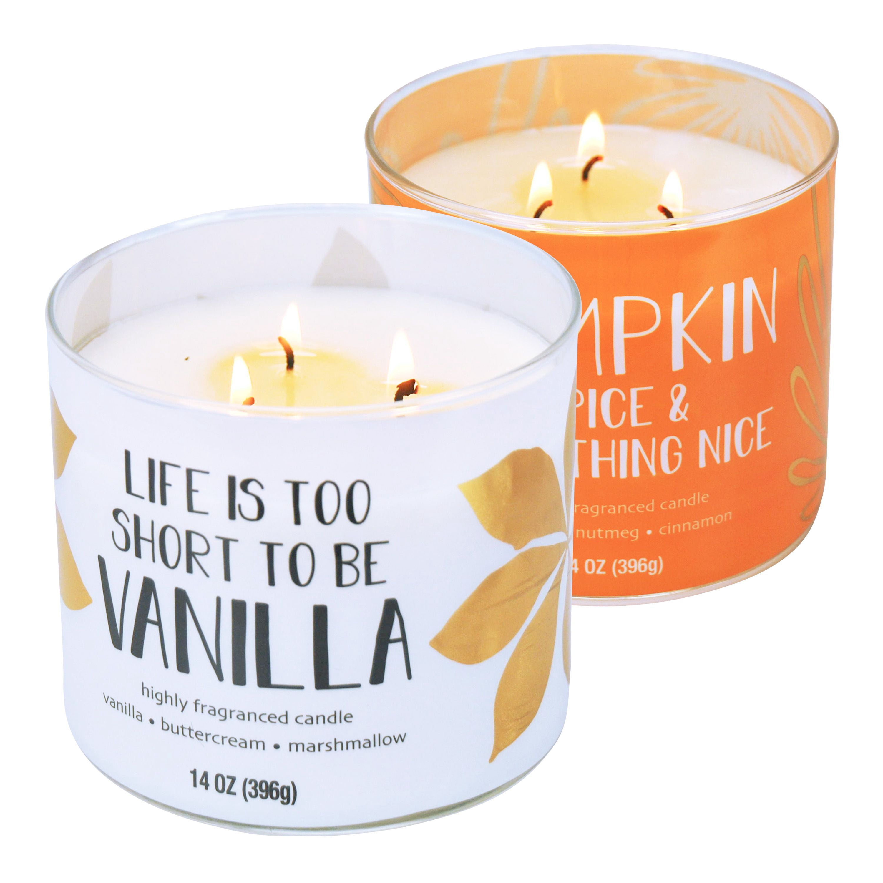 Mainstays Life is Too Short to Be Vanilla & Pumpkin Spice and Everything Nice Scented 3-Wick Candles, 14 oz., 2-Pack