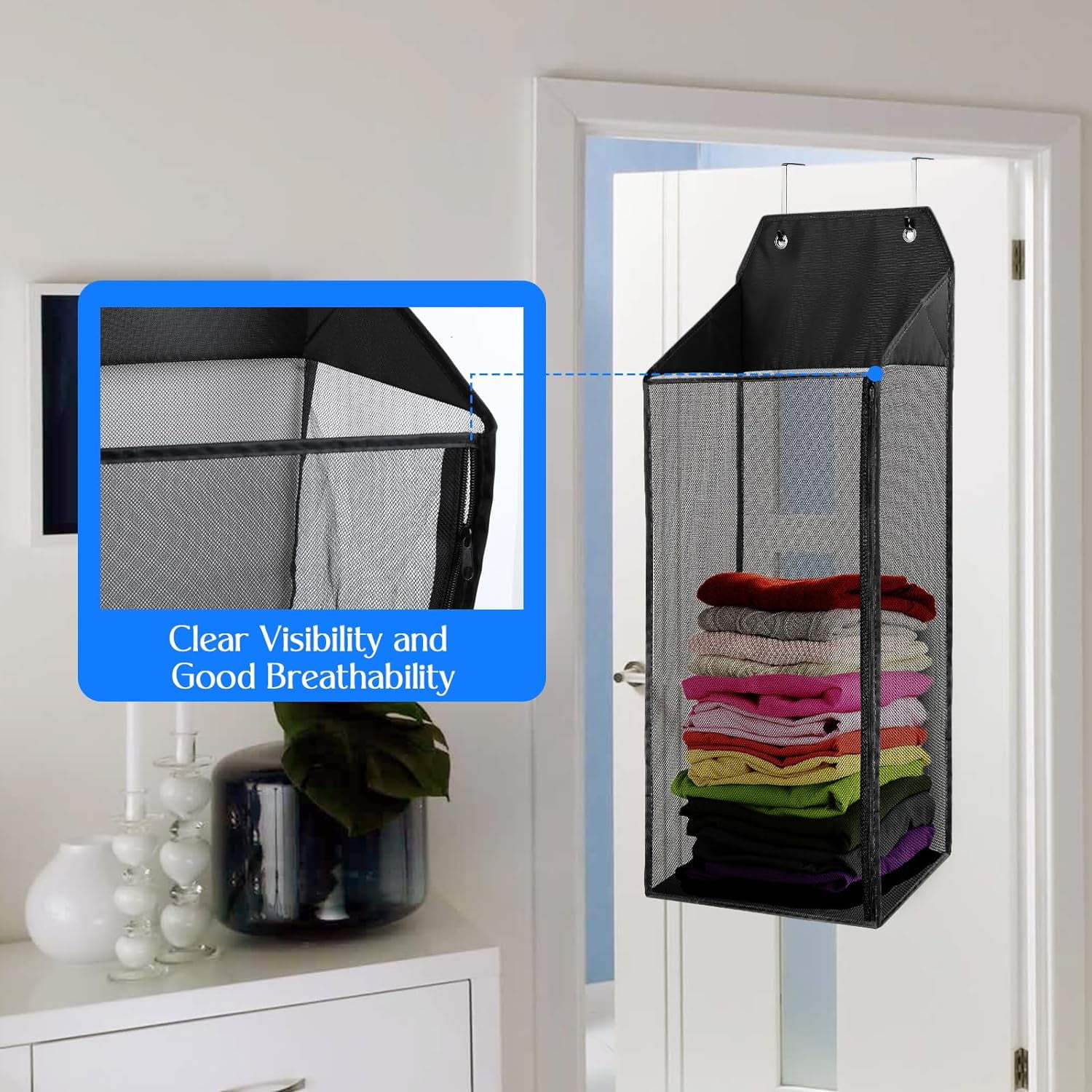ABCISI 2 Packs Large Hanging Laundry Hamper with Hooks, Over the Door Mesh Hamper with Zipper for Dirty Clothes Organizer, Collapsible Wall Hanging Laundry Basket for Bathroom, Dormitory, Black
