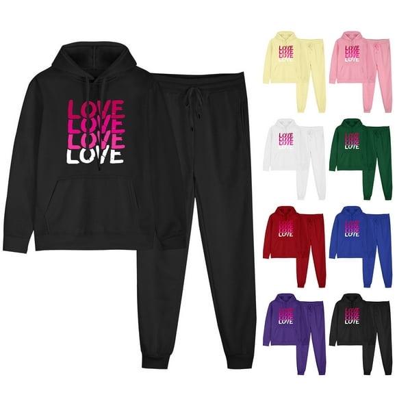 JURANMO 2024 Fall Winter 2 Piece Set for Women Sweatsuit Cute Teen Girls Love Letter Print Hoodies and Elastic Waist Athletic Sweatpants Two Piece Outfits Lightning Deals Blue S