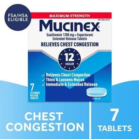 Mucinex 12 Hour Max Strength Expectorant, OTC Medicine for Excess Mucus Relief, FSA/HSA, 7 Tablets