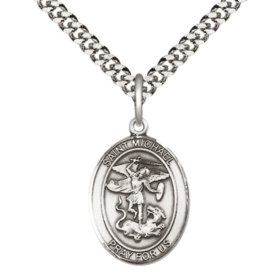 Pewter Patron Saint St. Michael the Archangel Medal Pendant with 24" Rhodium Plated Heavy Curb Chain Catholic Religious Necklace - Made in USA,Deluxe Velvet Gift Box