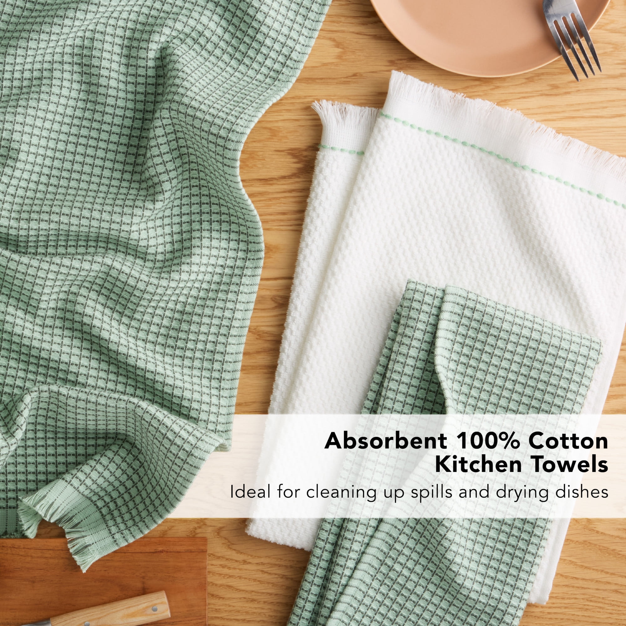 KITCHENAID Gourmet Series Gridlines Kitchen Towels 3-Pack Set, 100% Cotton Absorbent, Pistachio Green, 18"x28"